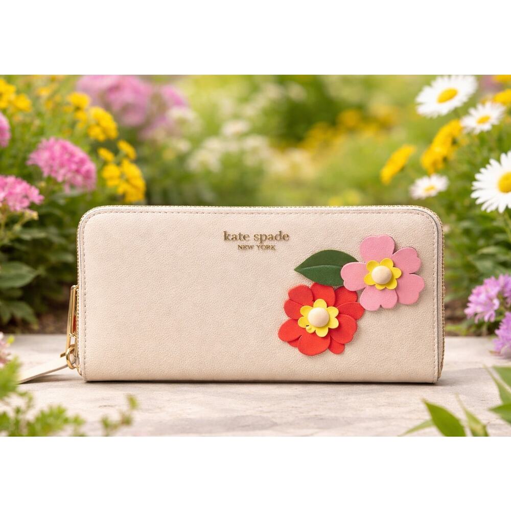 Kate Spade Petal Zip Continental Wallet Saffiano Floral Appliqué Garden Party - Picture 1 of 7